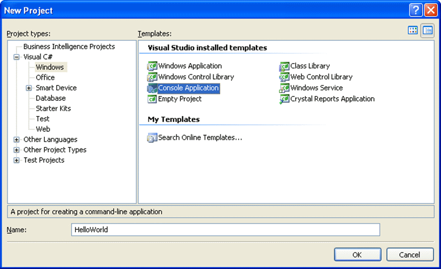 Visual Studio - New Project Window