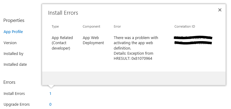 SP Addin Failed App Install Error Details