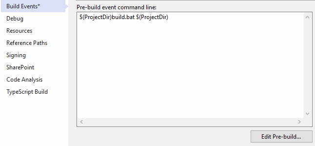 VS Build PreEvent Properties